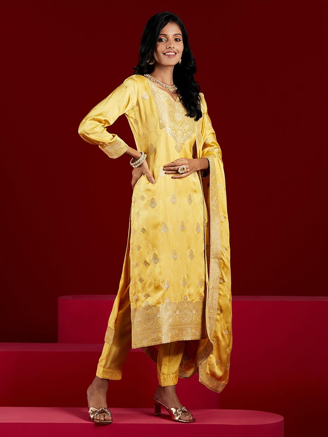 Libas Art Yellow Woven Design Silk Straight Suit With Dupatta