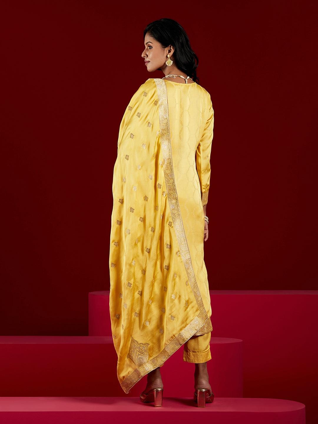 Libas Art Yellow Woven Design Silk Straight Suit With Dupatta