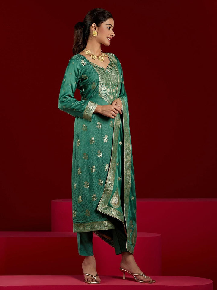 Libas Art Green Woven Design Silk Straight Kurta With Trousers & Dupatta - ShopLibas