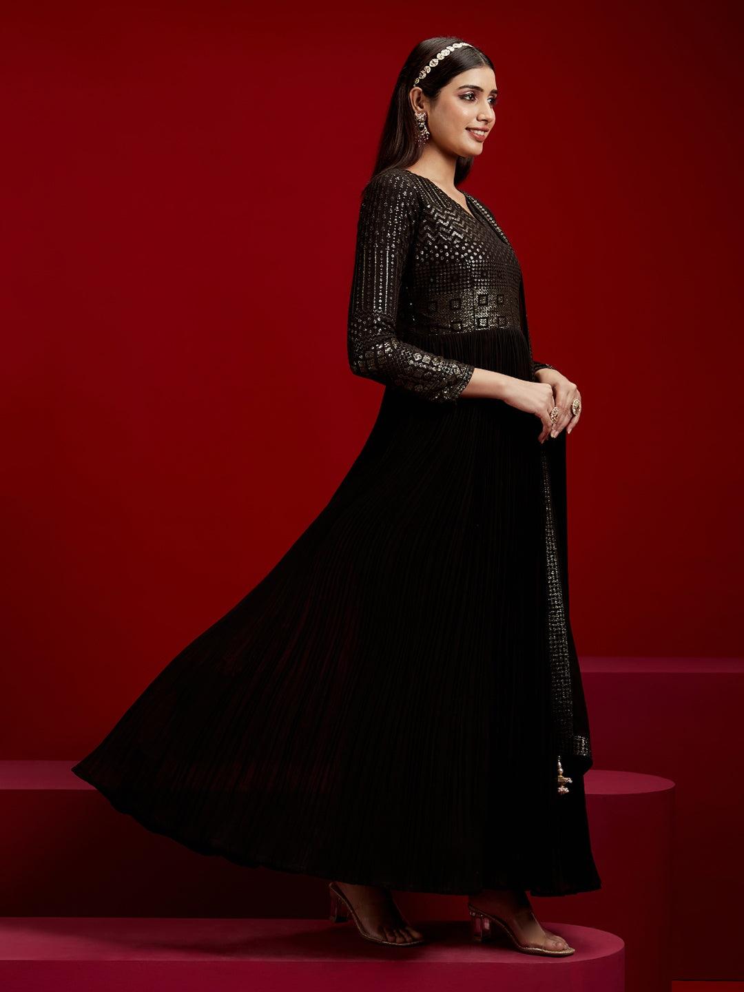 Libas Art Black Yoke Design Georgette A-Line Kurta With Trousers & Dupatta