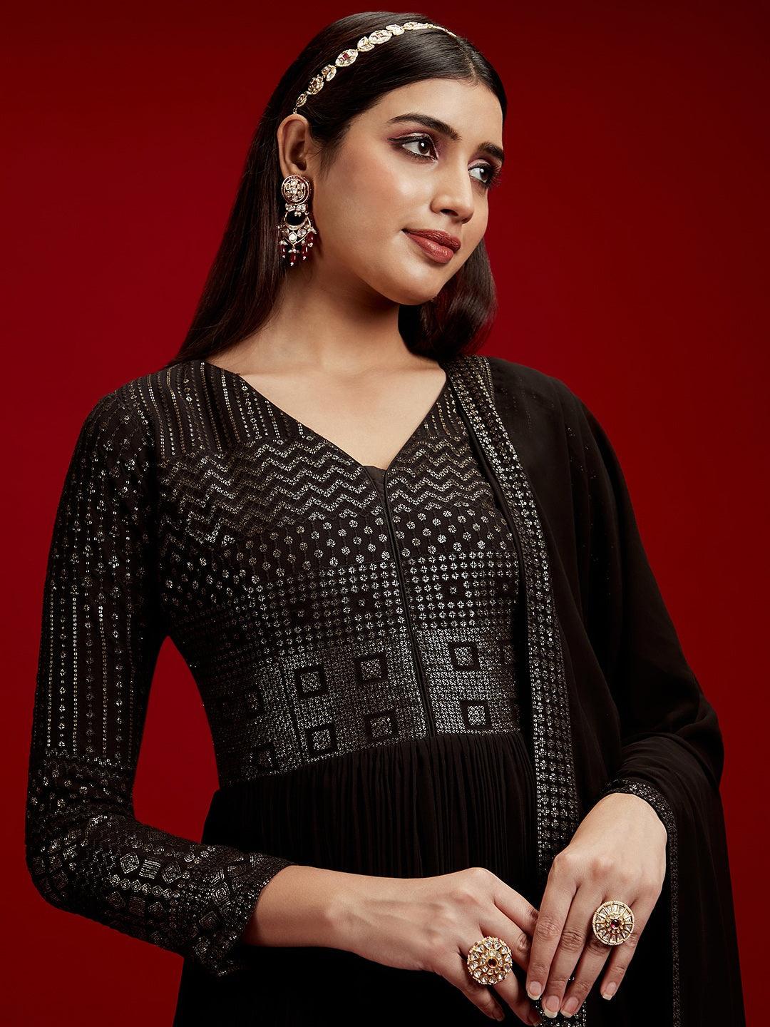 Libas Art Black Yoke Design Georgette A-Line Kurta With Trousers & Dupatta