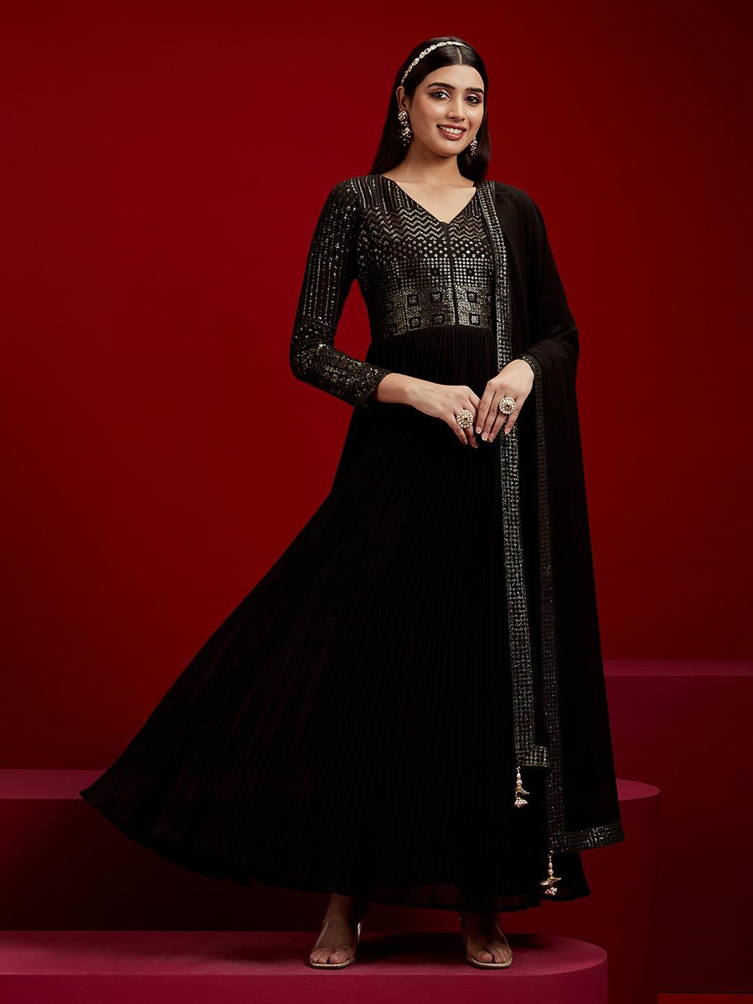 Libas Art Black Yoke Design Georgette A-Line Kurta With Trousers & Dupatta