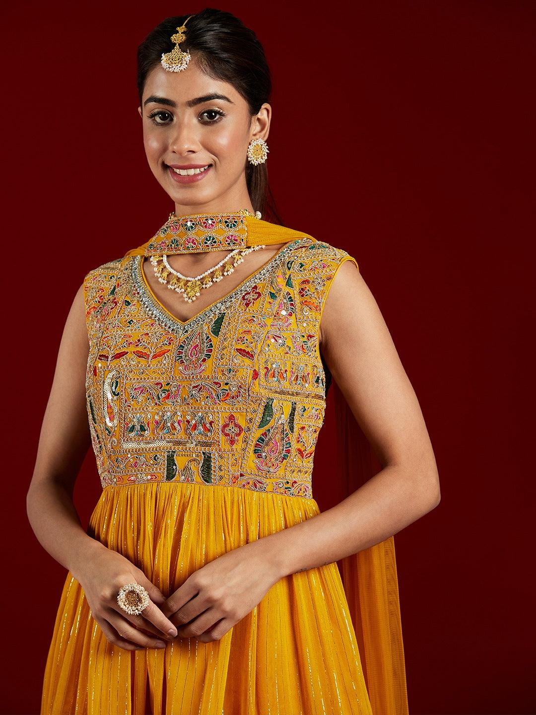 Libas Art Yellow Embroidered Chiffon A-Line Kurti With Sharara & Dupatta