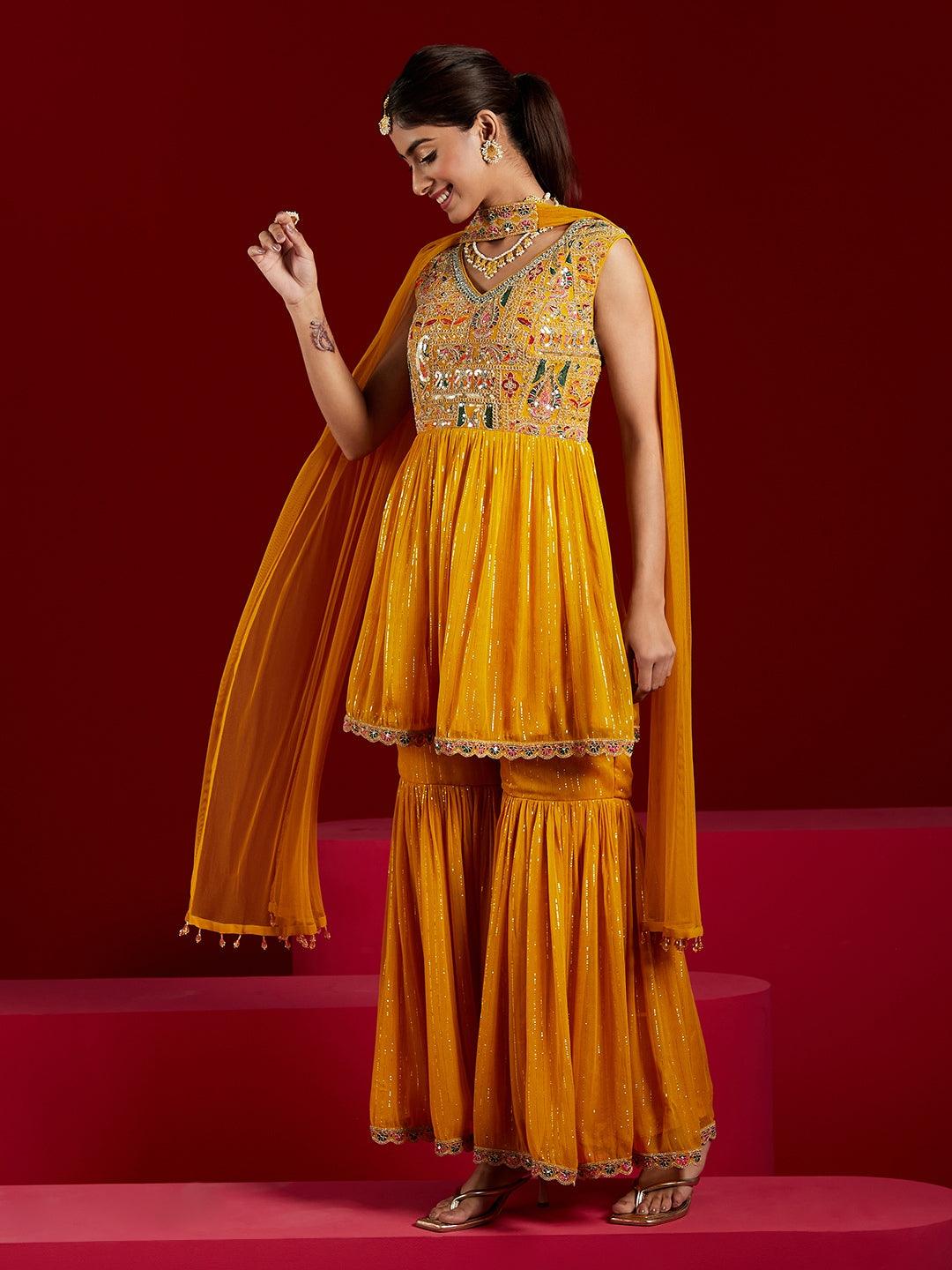 Libas Art Yellow Embroidered Chiffon A-Line Kurti With Sharara & Dupatta