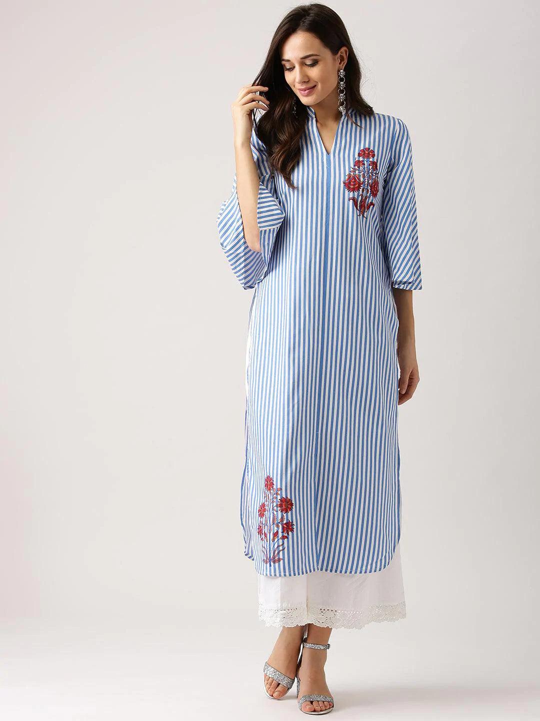 Blue Striped Polyester Kurta