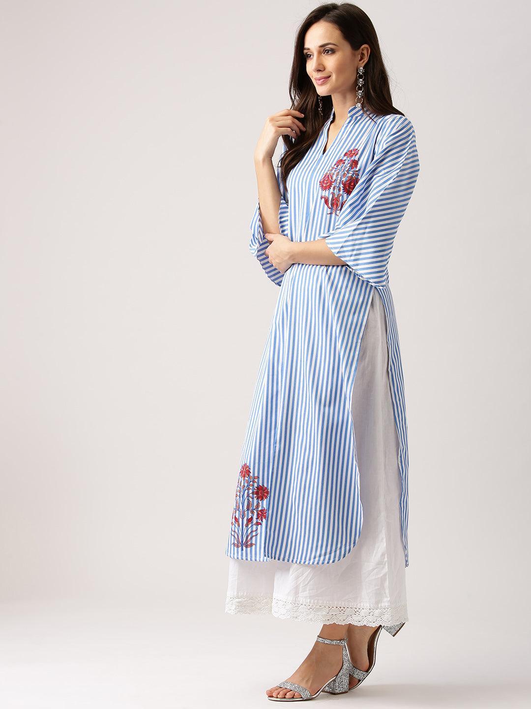 Blue Striped Polyester Kurta