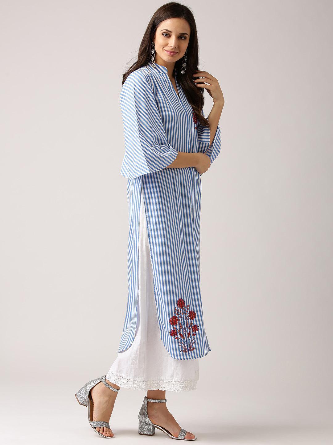 Blue Striped Polyester Kurta