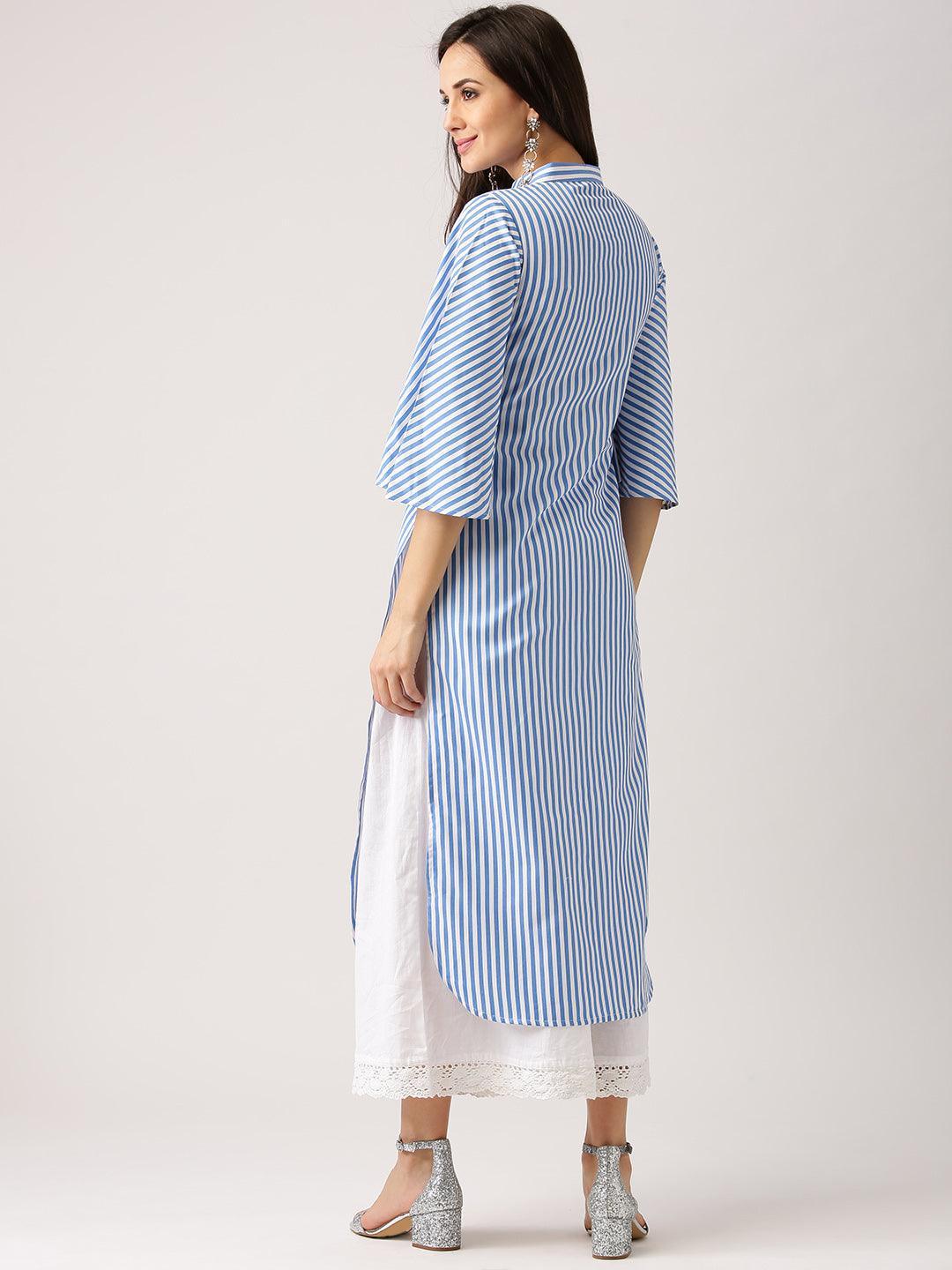 Blue Striped Polyester Kurta