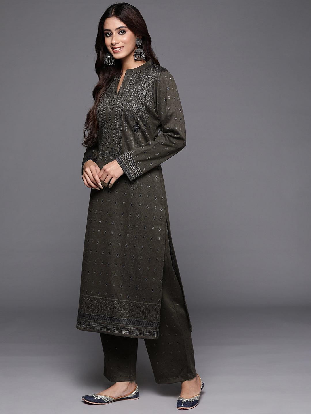 Brown Woven Design Wool Blend Straight Suit With Dupatta