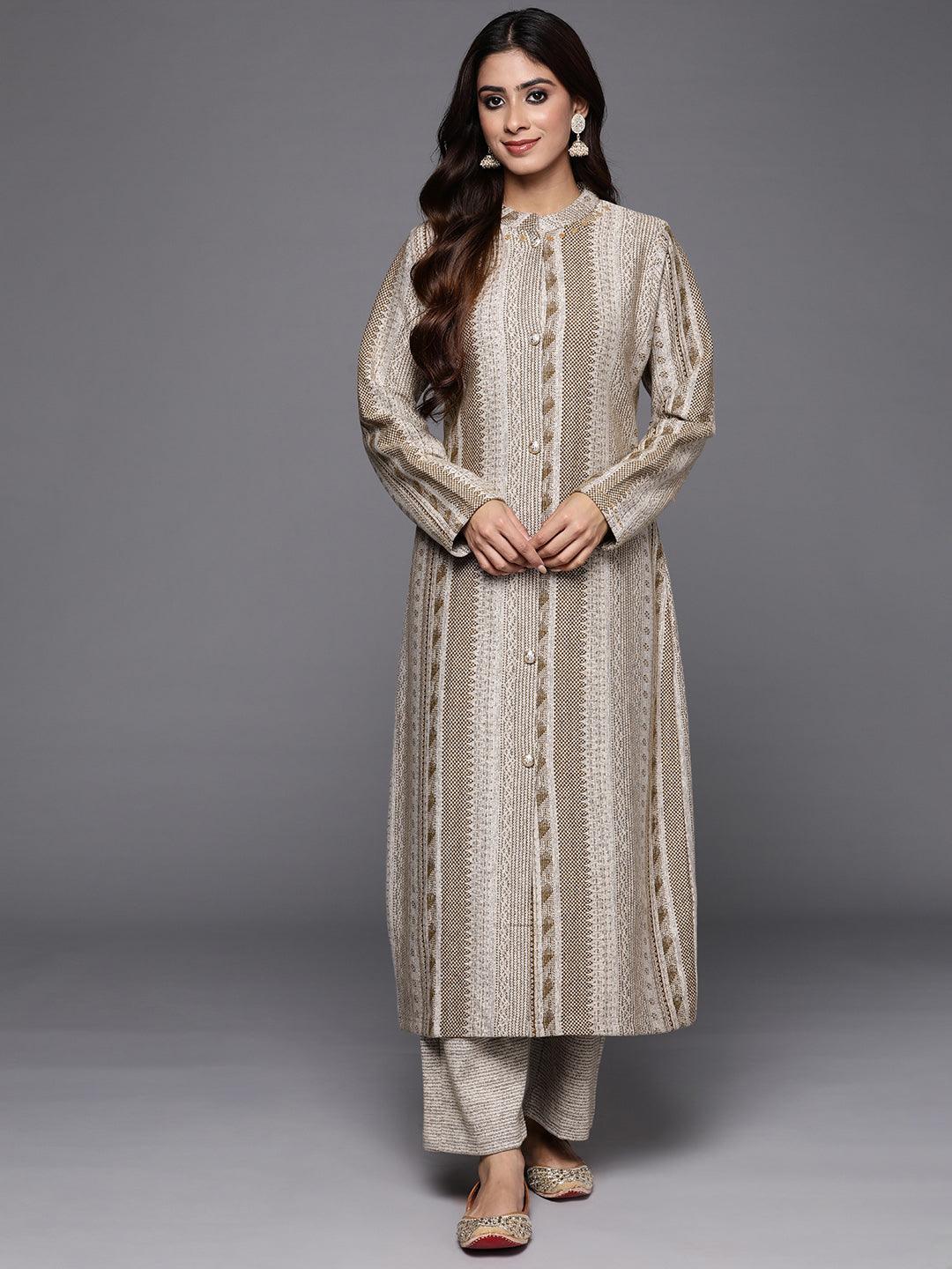 Beige Self Design Wool Blend A-Line Kurta With Trousers - ShopLibas