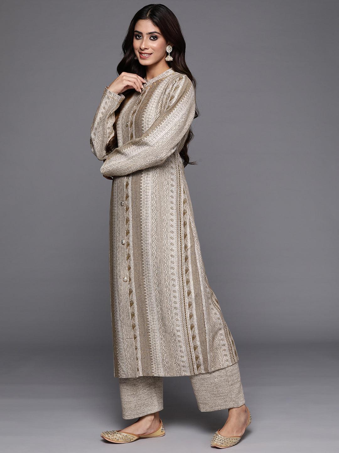 Beige Self Design Wool Blend A-Line Kurta With Trousers - ShopLibas