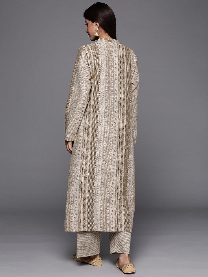 Beige Self Design Wool Blend A-Line Kurta With Trousers - ShopLibas