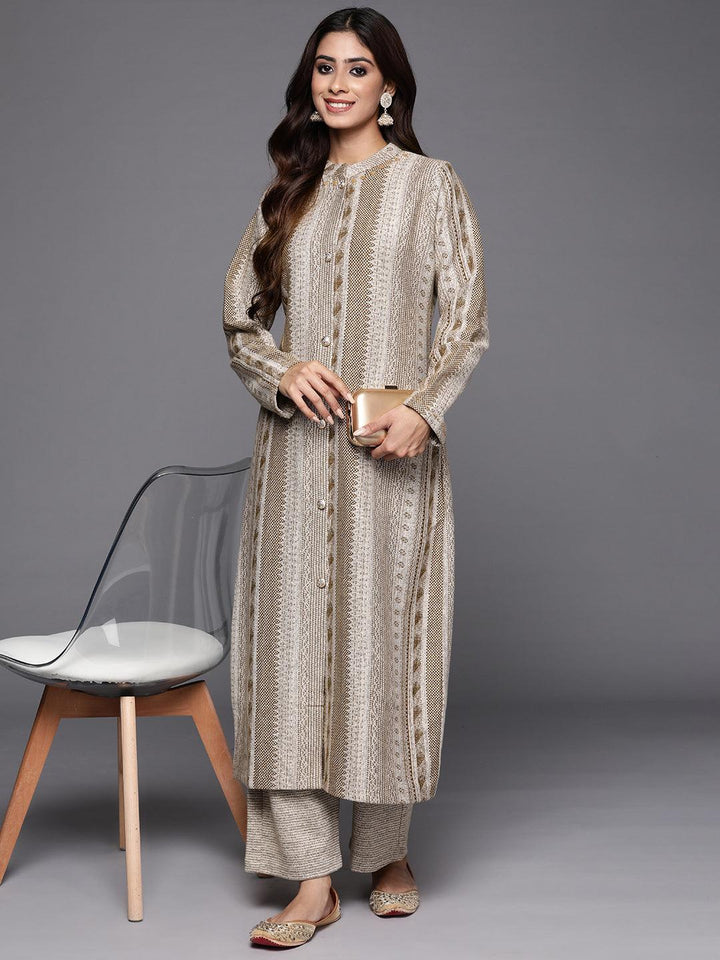 Beige Self Design Wool Blend A-Line Kurta With Trousers - ShopLibas