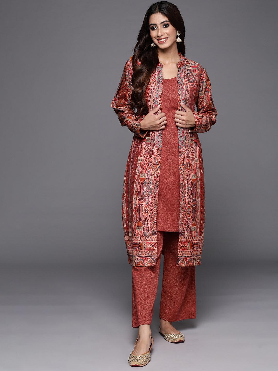 Rust Printed Wool Blend Straight Kurta Set