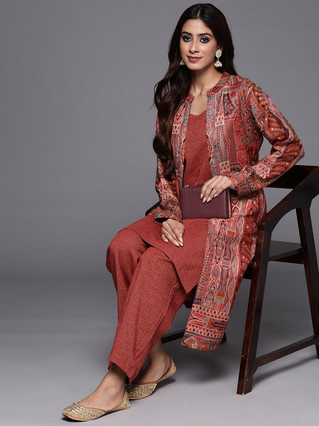 Rust Printed Wool Blend Straight Kurta Set