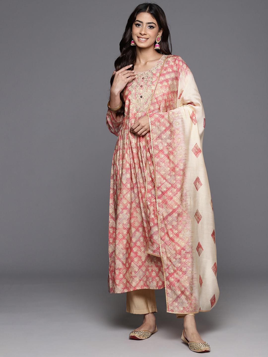 Peach Printed Silk Blend Anarkali Kurta With Trousers & Dupatta - ShopLibas