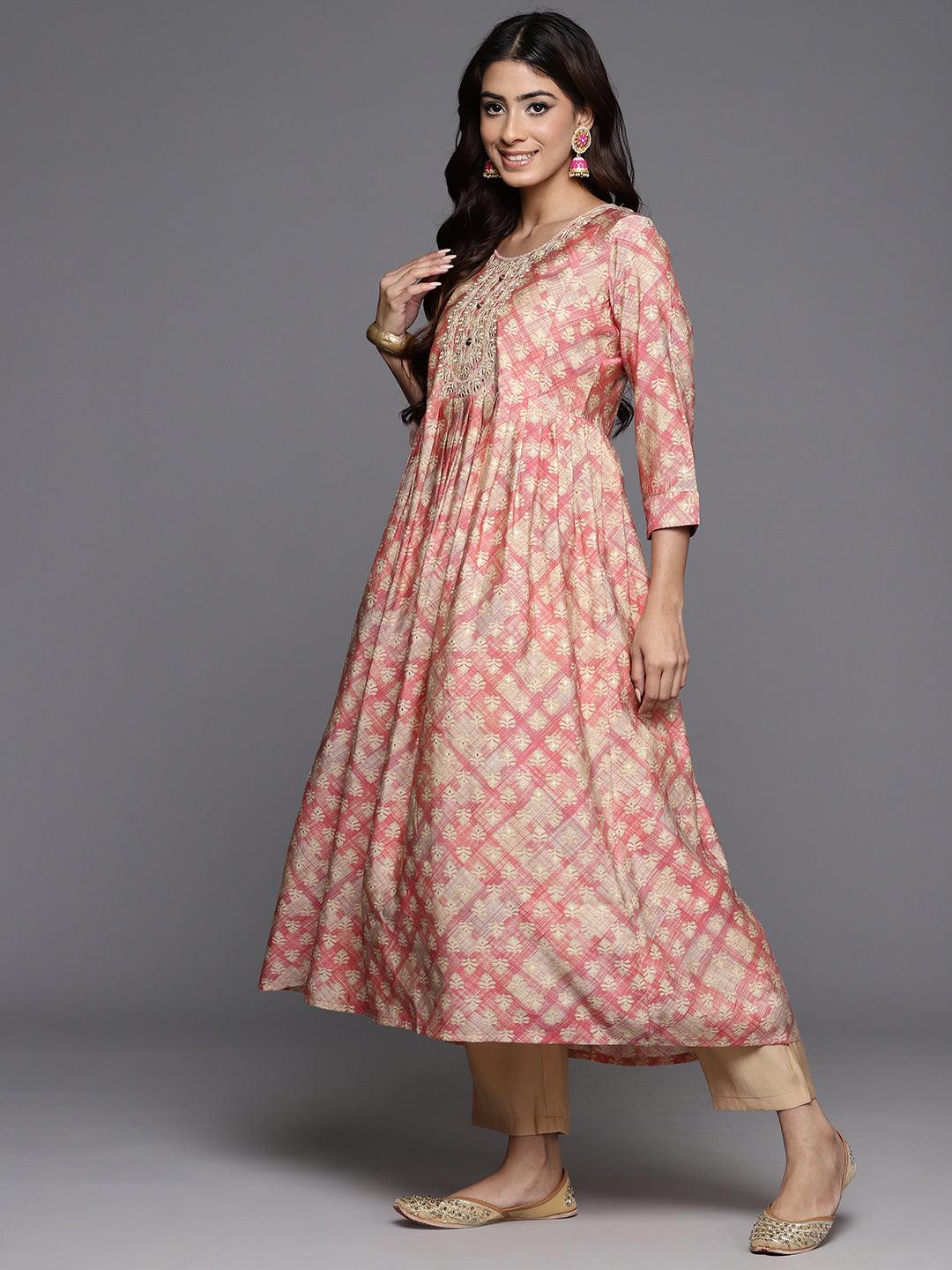 Peach Printed Silk Blend Anarkali Kurta With Trousers & Dupatta - ShopLibas