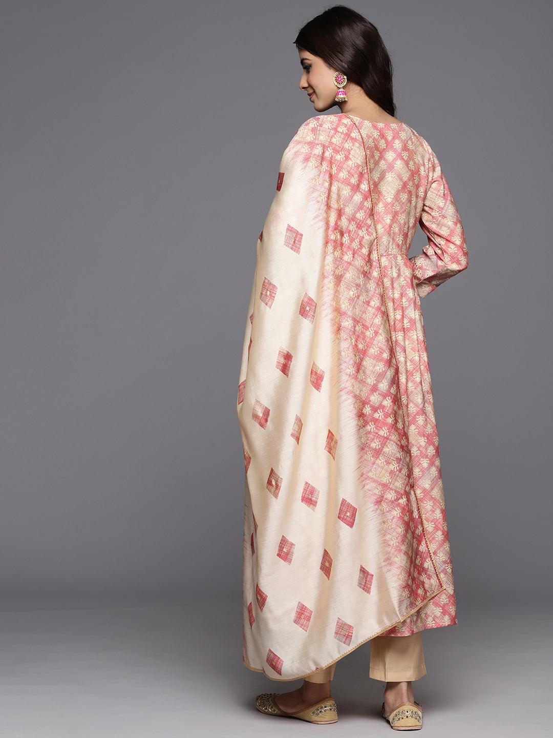 Peach Printed Silk Blend Anarkali Kurta With Trousers & Dupatta - ShopLibas