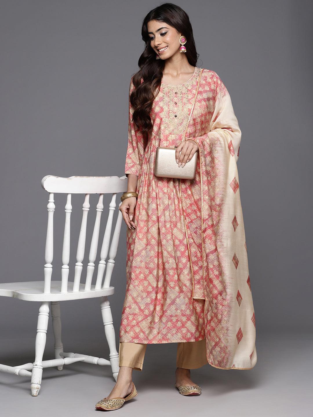 Peach Printed Silk Blend Anarkali Kurta With Trousers & Dupatta - ShopLibas