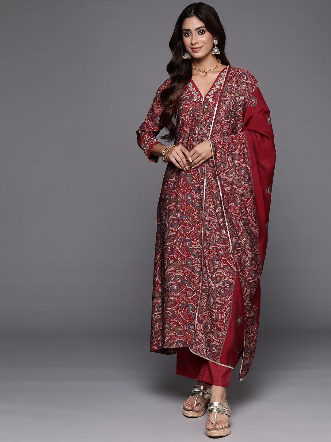 Red Printed Silk Blend A-Line Kurta With Trousers & Dupatta - ShopLibas