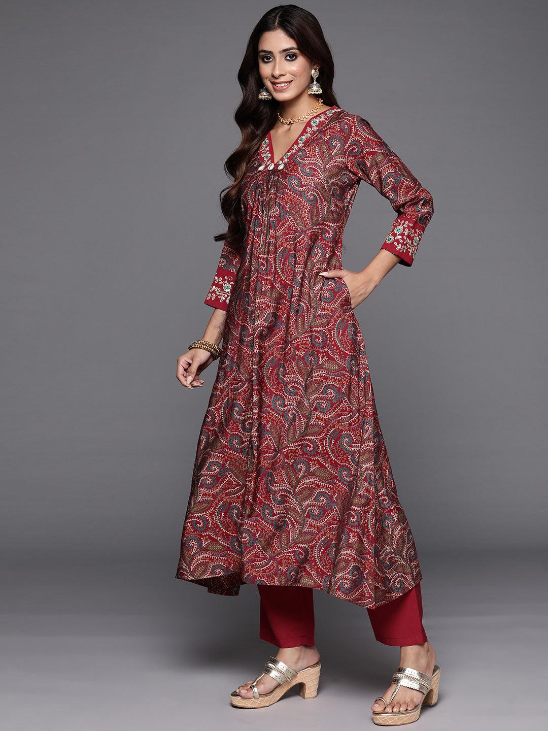 Red Printed Silk Blend A-Line Kurta With Trousers & Dupatta - ShopLibas