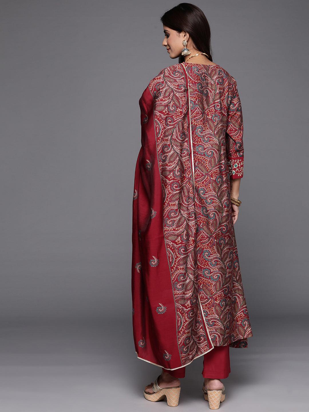 Red Printed Silk Blend A-Line Kurta With Trousers & Dupatta - ShopLibas