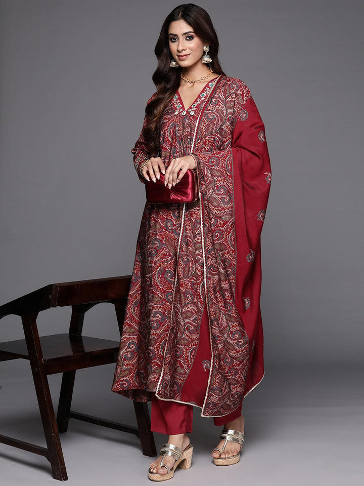 Red Printed Silk Blend A-Line Kurta With Trousers & Dupatta - ShopLibas