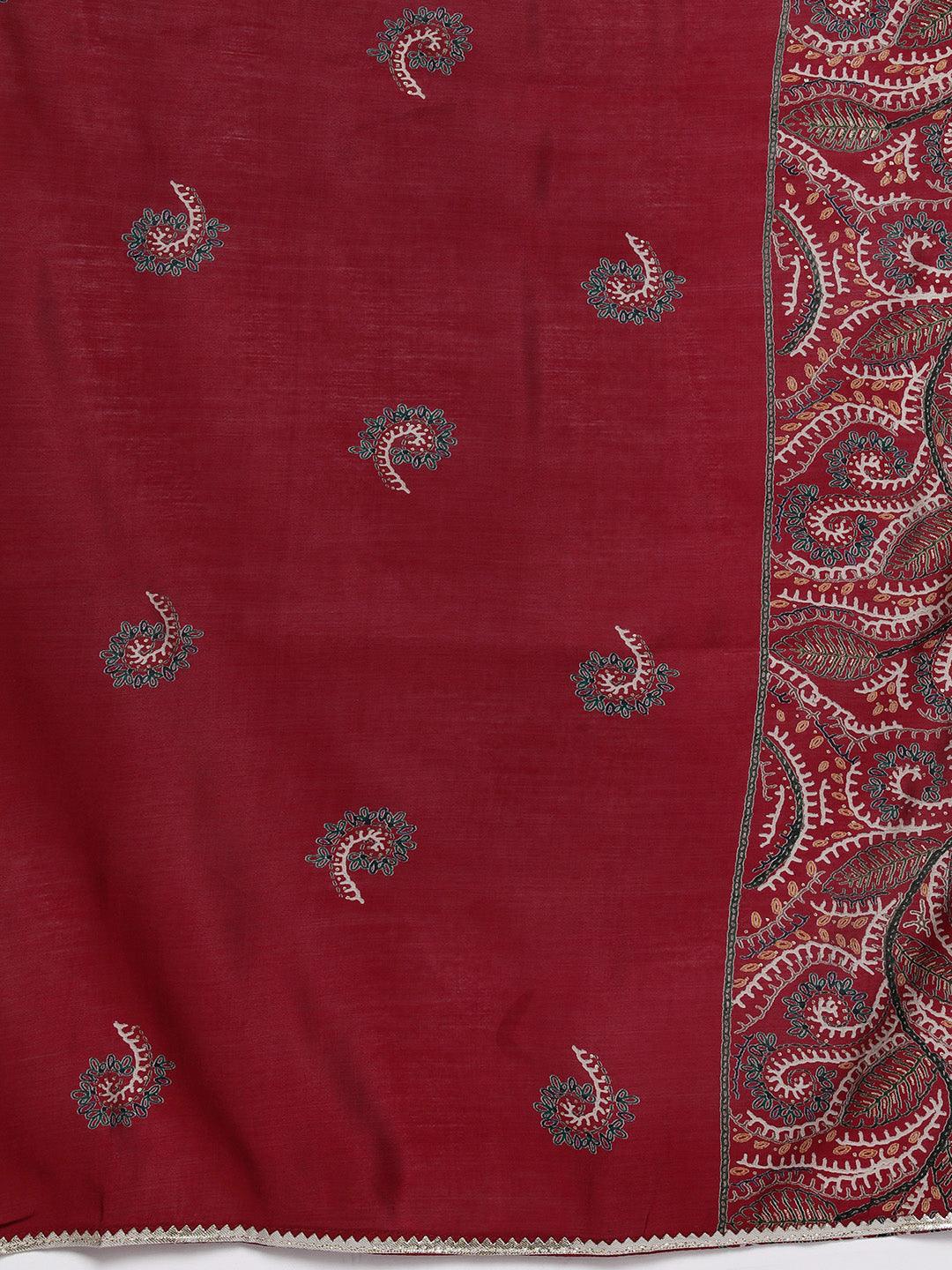 Red Printed Silk Blend A-Line Kurta With Trousers & Dupatta - ShopLibas