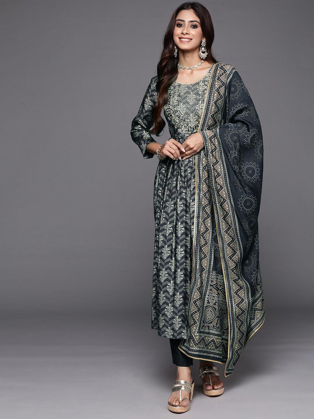 Blue Printed Silk Blend Anarkali Suit With Dupatta