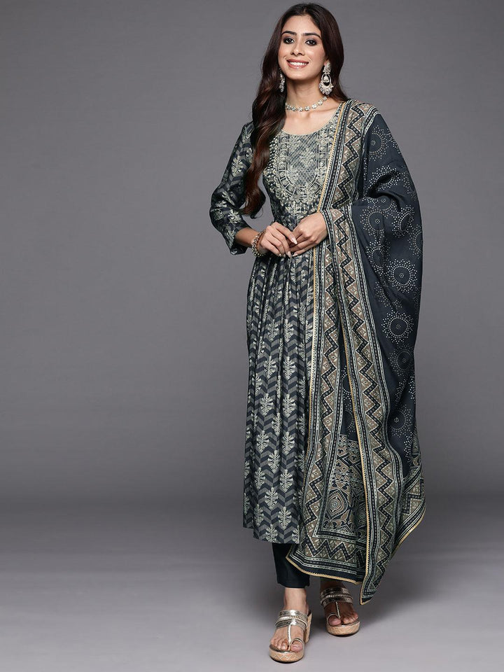 Blue Printed Silk Blend Anarkali Kurta With Trousers & Dupatta - ShopLibas