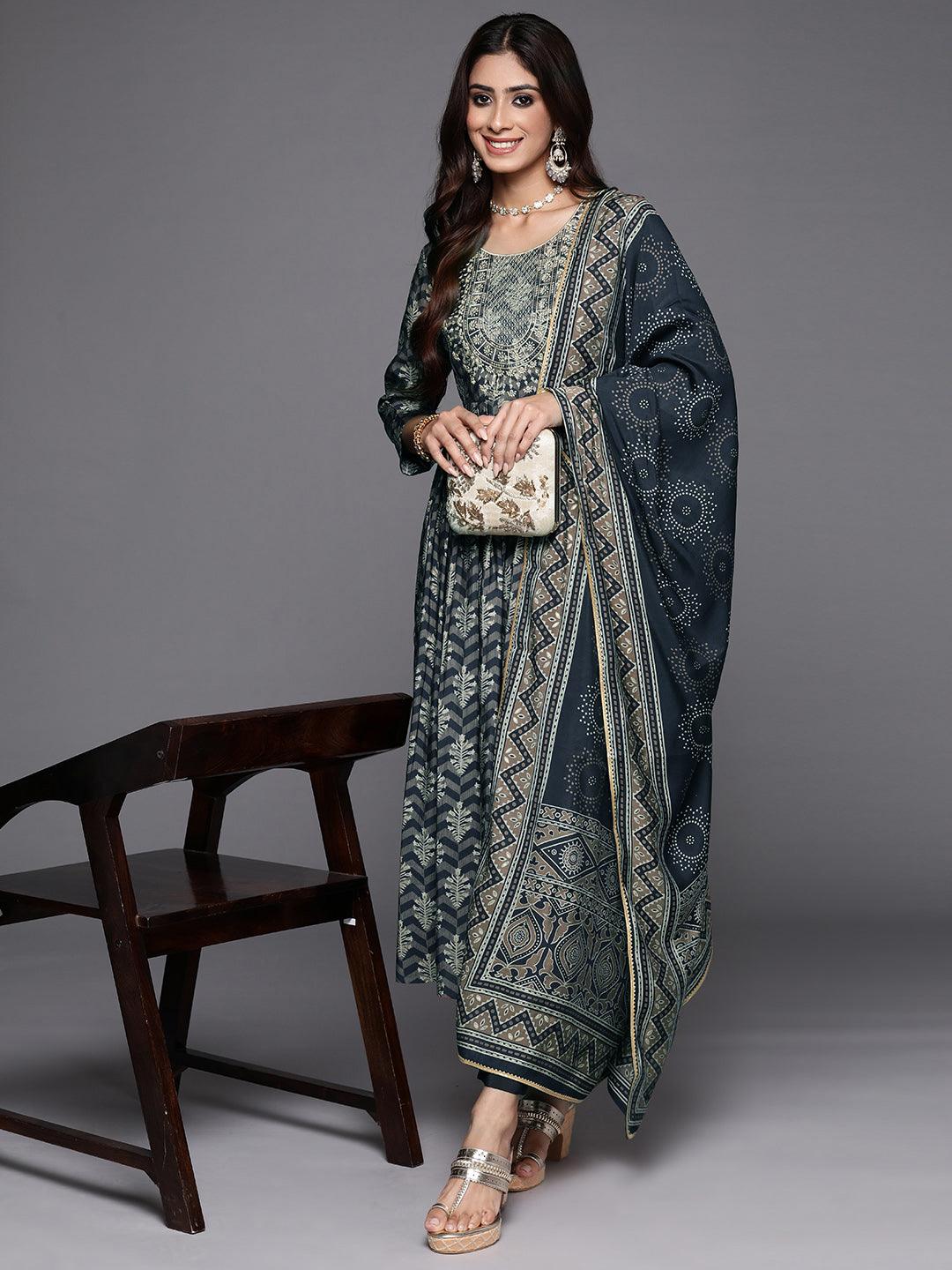 Blue Printed Silk Blend Anarkali Suit With Dupatta