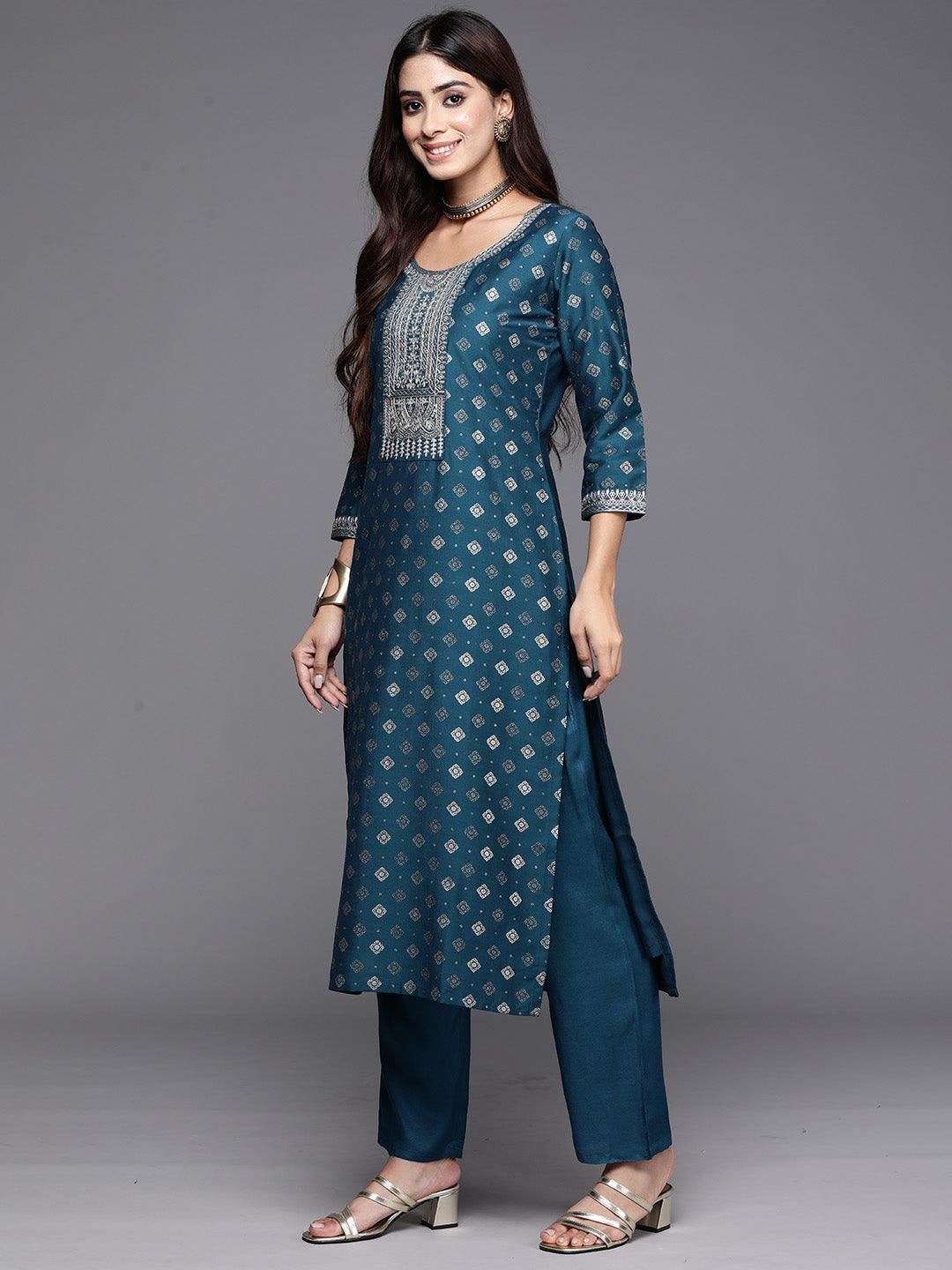 Teal Woven Design Silk Blend Straight Suit With Dupatta