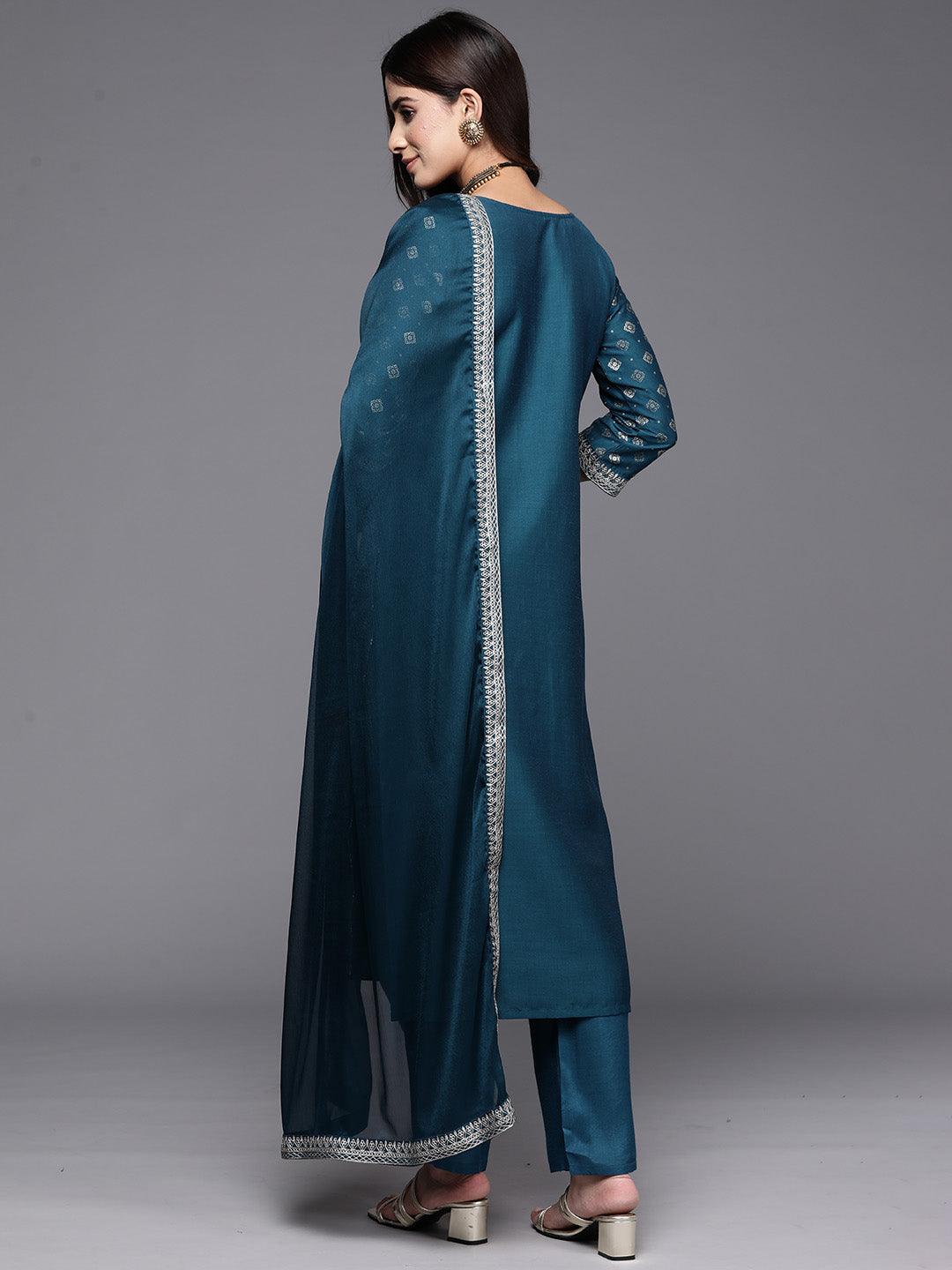 Teal Woven Design Silk Blend Straight Kurta With Trousers & Dupatta - ShopLibas