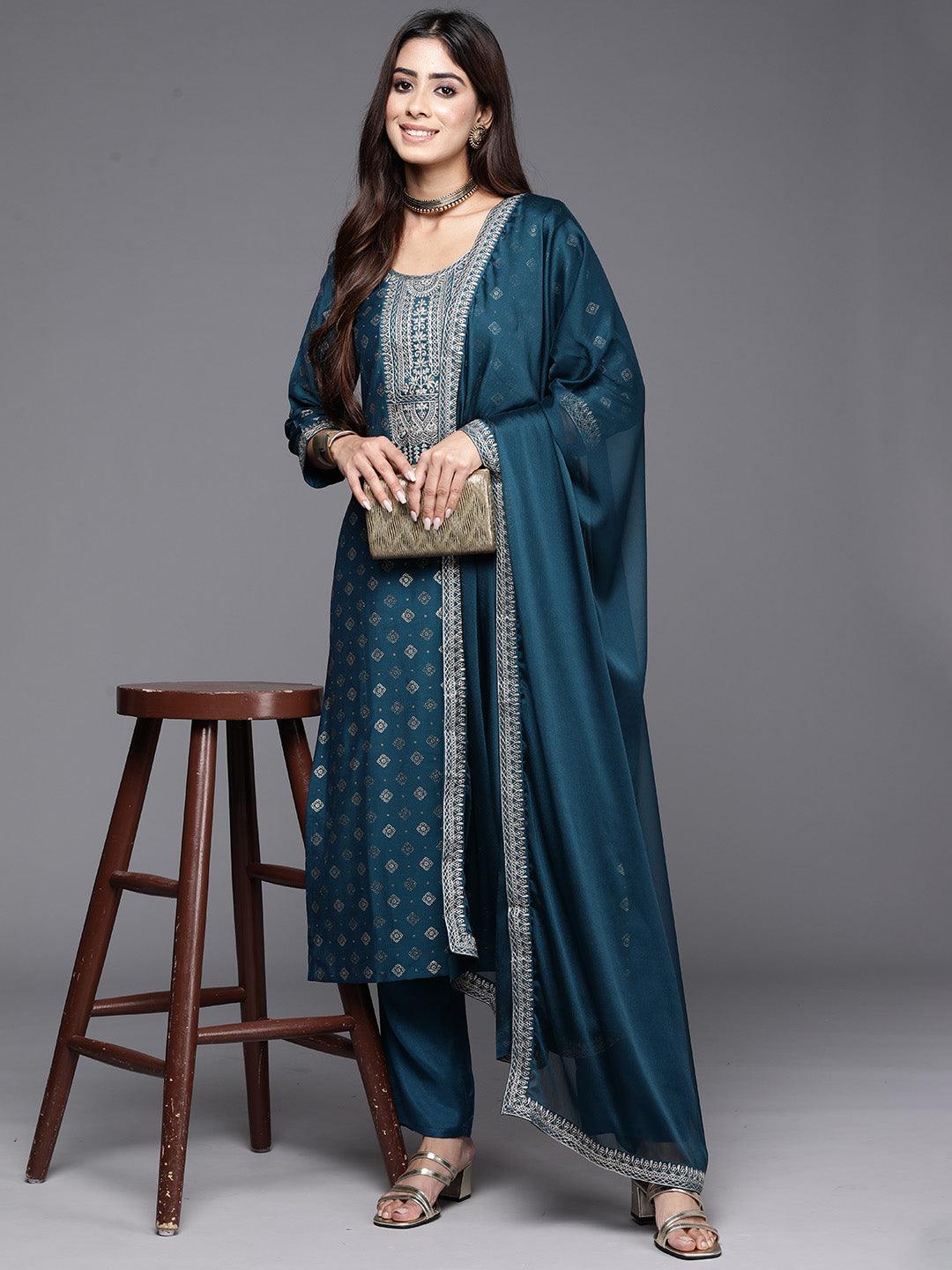 Teal Woven Design Silk Blend Straight Kurta With Trousers & Dupatta - ShopLibas