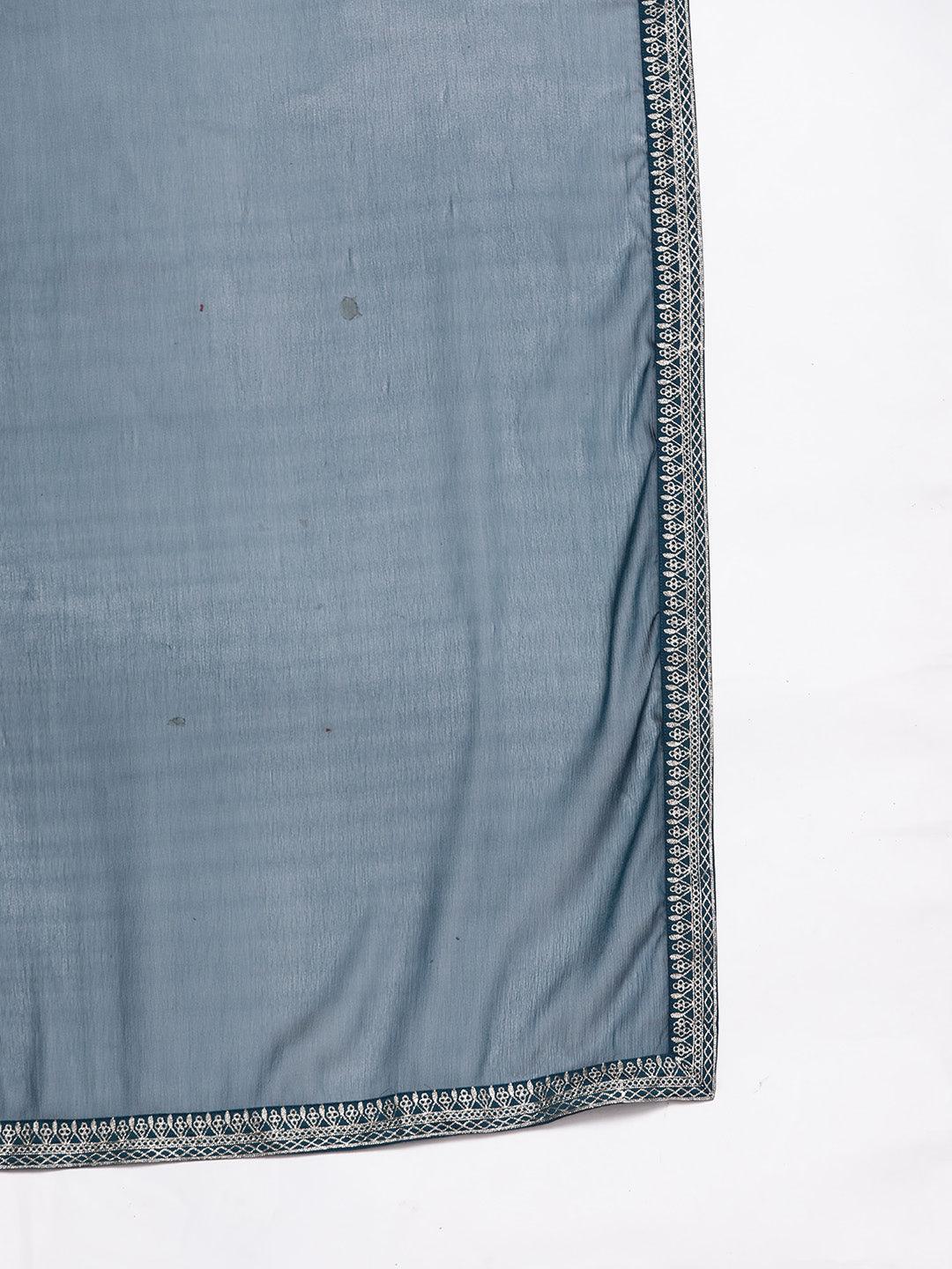 Teal Woven Design Silk Blend Straight Suit With Dupatta