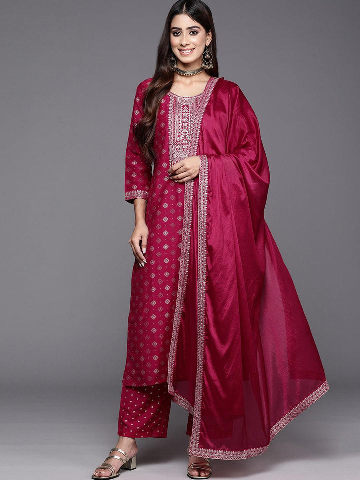 Pink Woven Design Silk Blend Straight Kurta With Trousers & Dupatta - ShopLibas