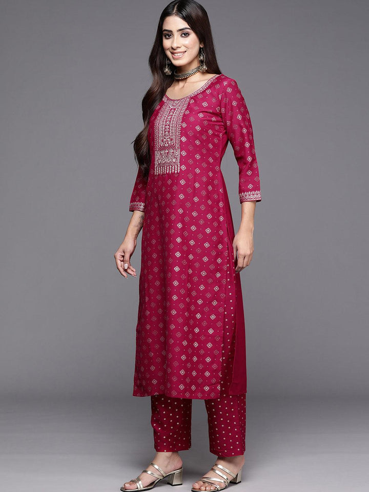 Pink Woven Design Silk Blend Straight Kurta With Trousers & Dupatta - ShopLibas