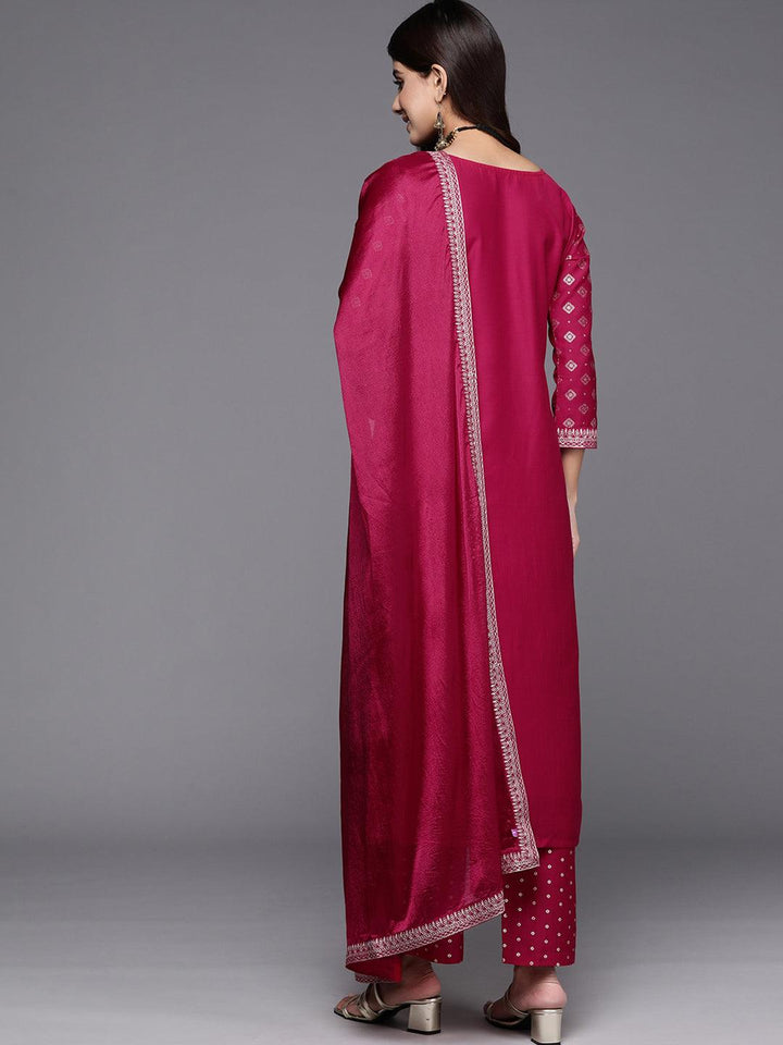 Pink Woven Design Silk Blend Straight Kurta With Trousers & Dupatta - ShopLibas