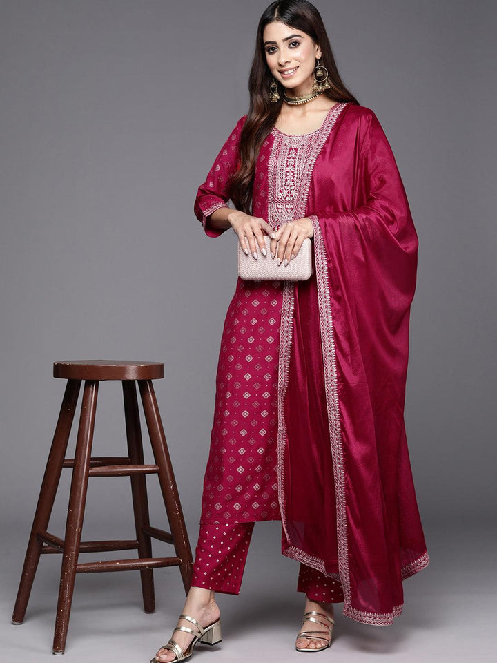 Pink Woven Design Silk Blend Straight Kurta With Trousers & Dupatta - ShopLibas