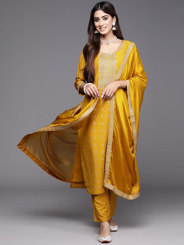 Yellow Woven Design Silk Blend Straight Kurta With Trousers & Dupatta - ShopLibas