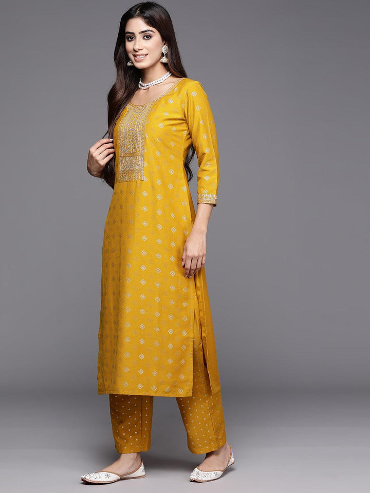 Yellow Woven Design Silk Blend Straight Kurta With Trousers & Dupatta - ShopLibas