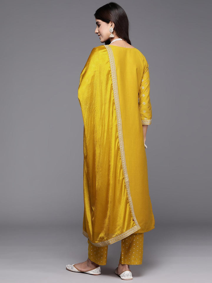 Yellow Woven Design Silk Blend Straight Kurta With Trousers & Dupatta - ShopLibas