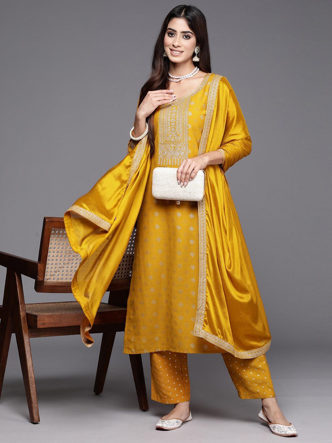 Yellow Woven Design Silk Blend Straight Kurta With Trousers & Dupatta - ShopLibas