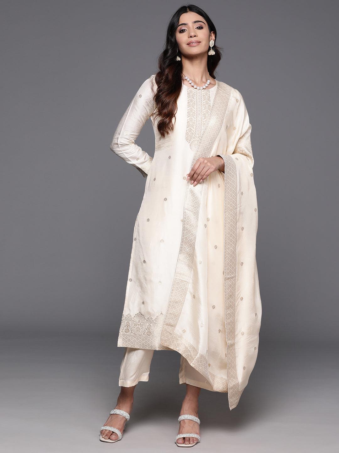 Cream Woven Design Silk Blend Straight Kurta With Trousers & Dupatta - ShopLibas