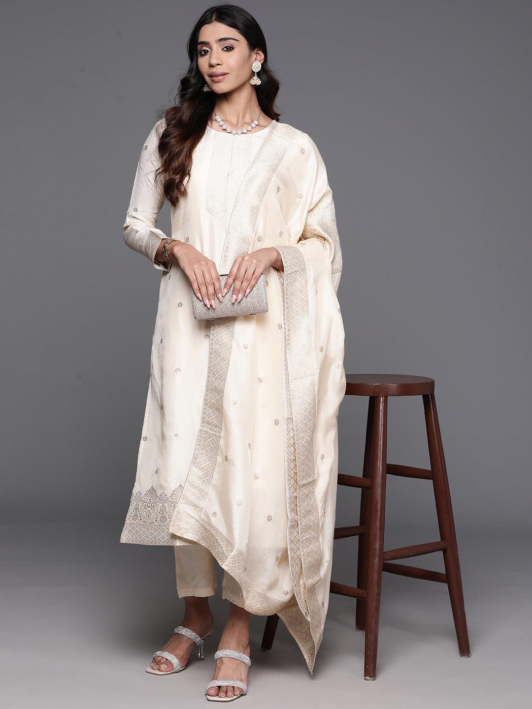 Cream Woven Design Silk Blend Straight Kurta With Trousers & Dupatta - ShopLibas