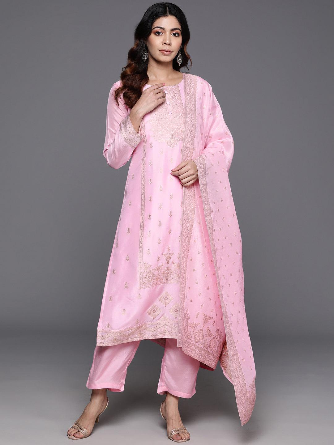 Pink Woven Design Silk Blend Straight Suit With Dupatta