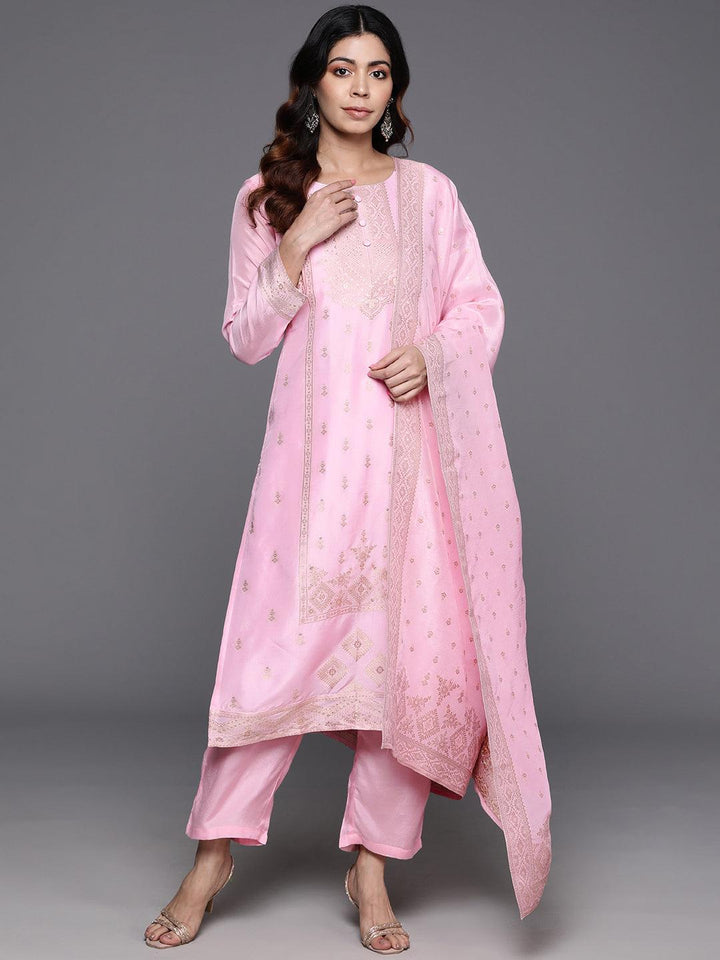 Pink Woven Design Silk Blend Straight Kurta With Trousers & Dupatta - ShopLibas