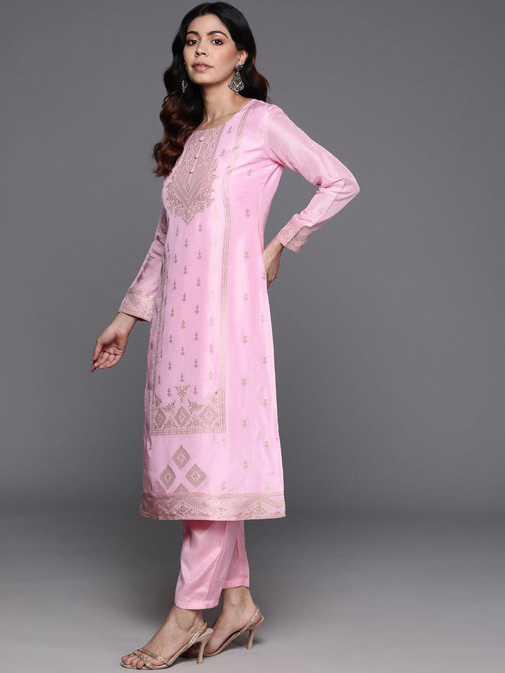 Pink Woven Design Silk Blend Straight Kurta With Trousers & Dupatta - ShopLibas