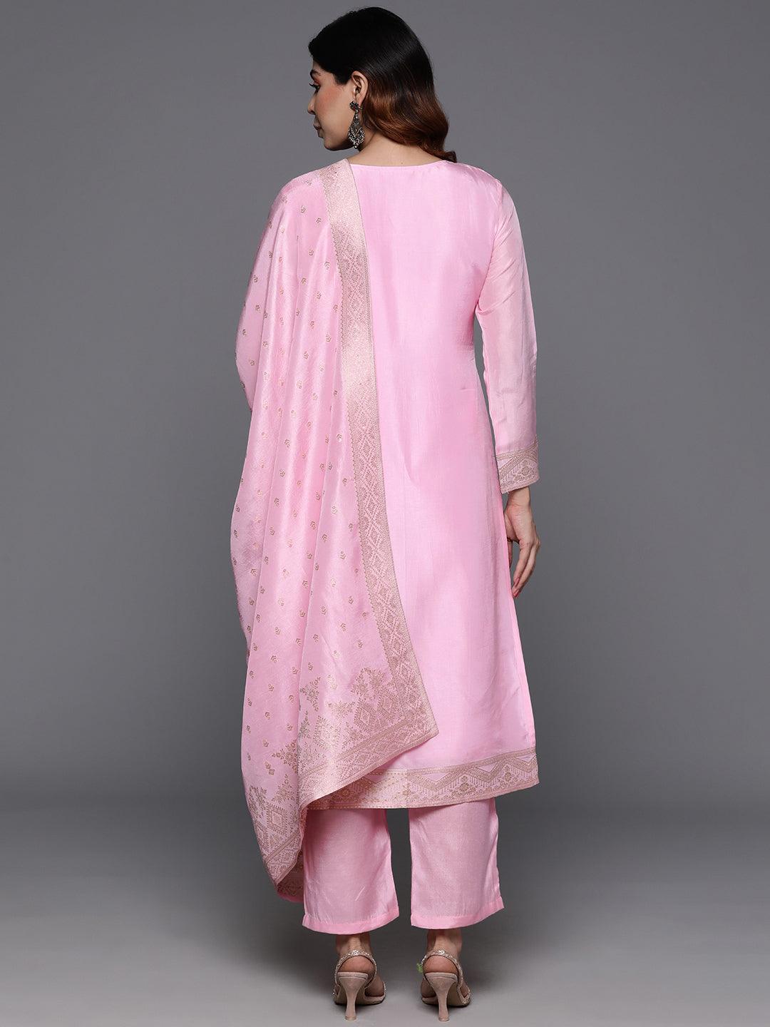 Pink Woven Design Silk Blend Straight Suit With Dupatta