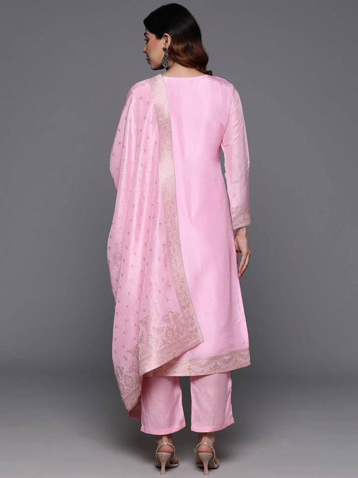 Pink Woven Design Silk Blend Straight Kurta With Trousers & Dupatta - ShopLibas